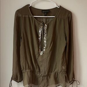 INC International Concepts Olive Blouse with Sequin Tie